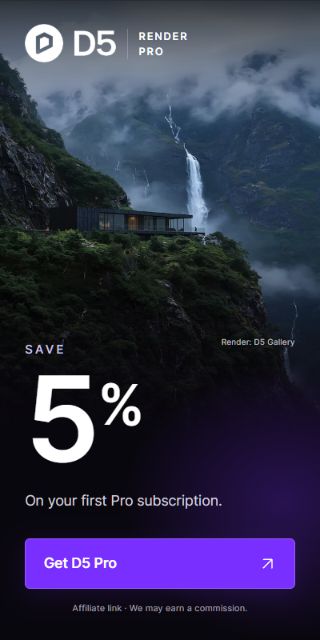 D5 Render Pro. Save 5% on your first Pro subscription. Get D5 Pro. Affiliate link: LumionVietnam may earn a commission.