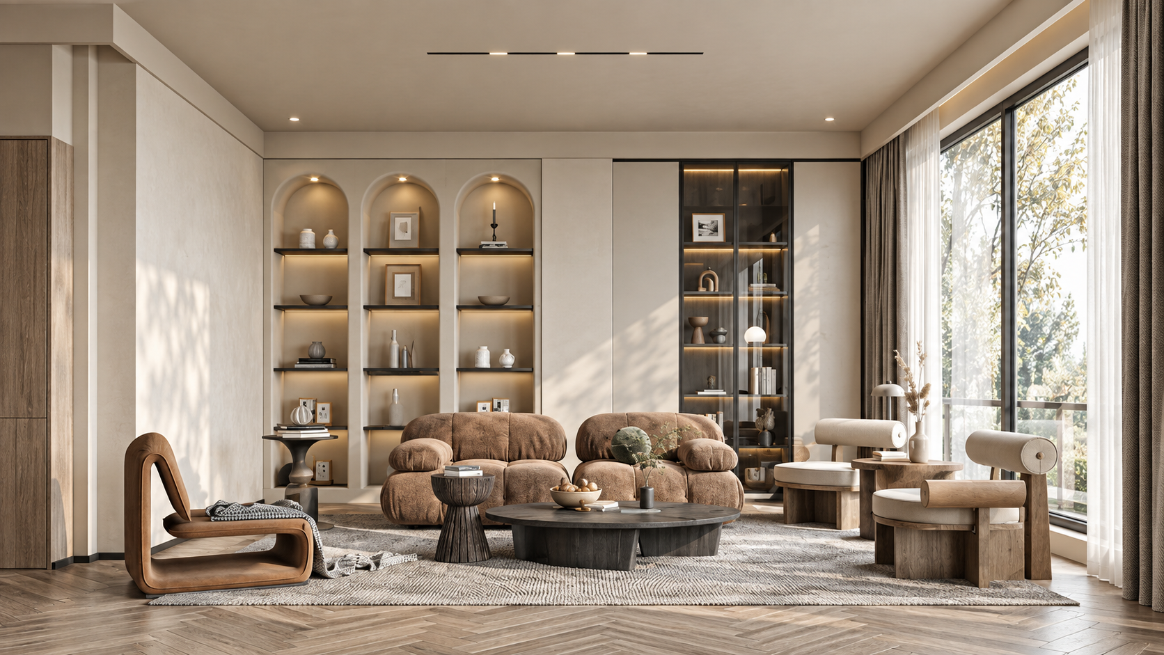 Warm Wabi Sabi living room with sculptural seating and full-height windows