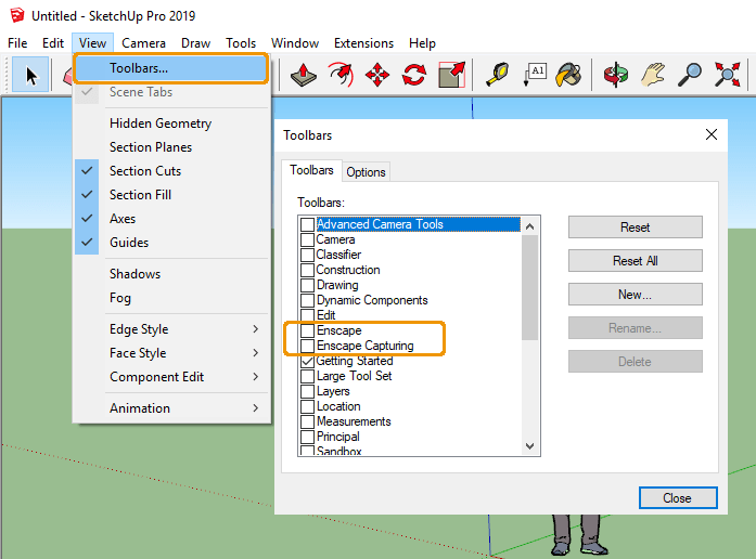 Bật Thanh công cụ Enscape qua menu Chế độ xem của SketchUp