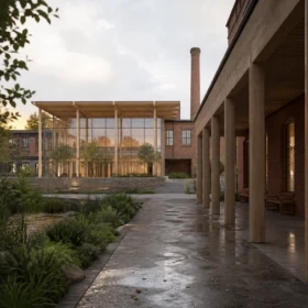 Adaptive-reuse cultural center courtyard used as the consistent project for an Enscape to Envision animation workflow
