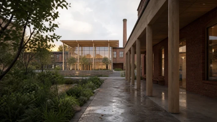 Adaptive-reuse cultural center courtyard used as the consistent project for an Enscape to Envision animation workflow