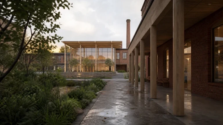 Adaptive-reuse cultural center courtyard used as the consistent project for an Enscape to Envision animation workflow
