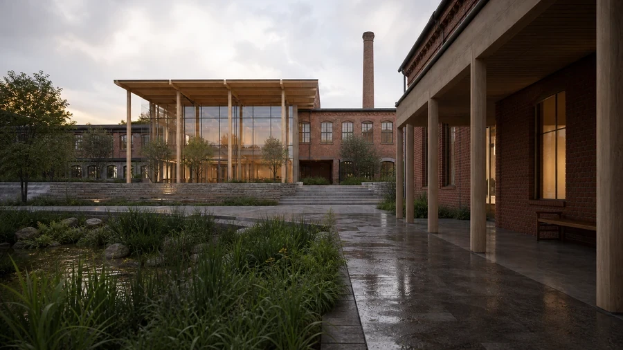 Human-eye camera view through the same cultural center courtyard for the middle shot of an architectural animation