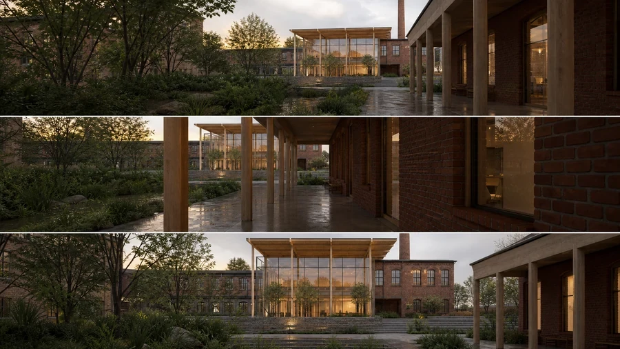 Three-shot storyboard of the same cultural center showing establishing, movement and final animation frames