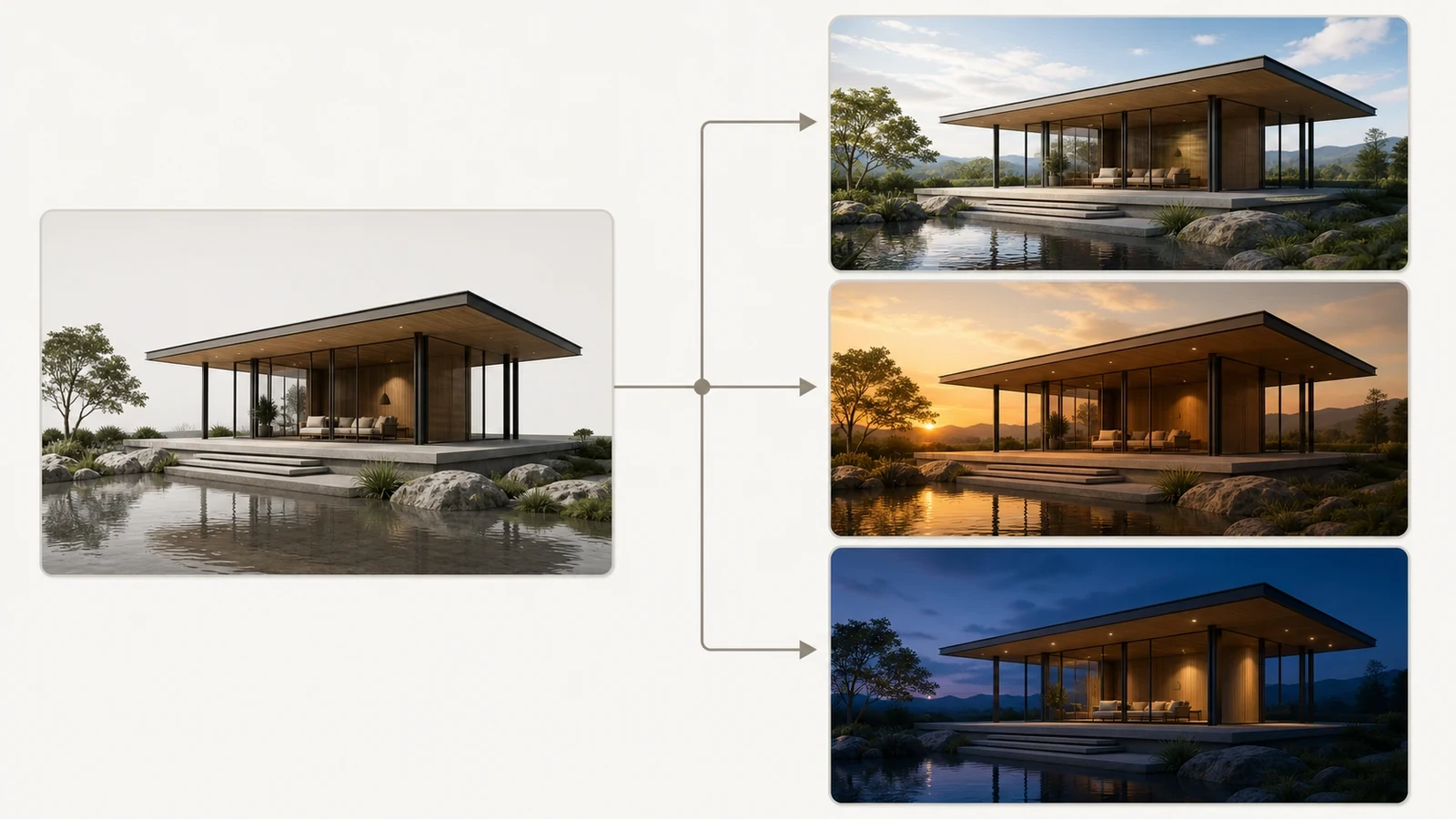 One architectural base scene branching into daylight, golden-hour and blue-hour presentation styles