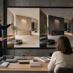 Architect presenting two material options during an interactive architectural design review