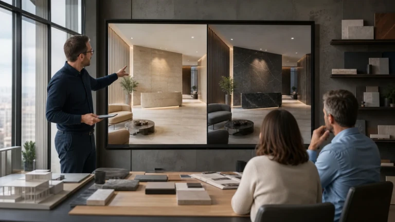 Architect presenting two material options during an interactive architectural design review