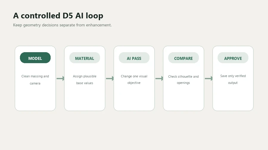 Controlled D5 AI workflow from clean model and materials through one AI pass, comparison and approval