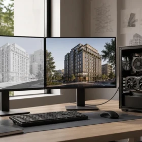 Daylight architectural visualization workstation showing the same urban project as a model and a finished real-time render