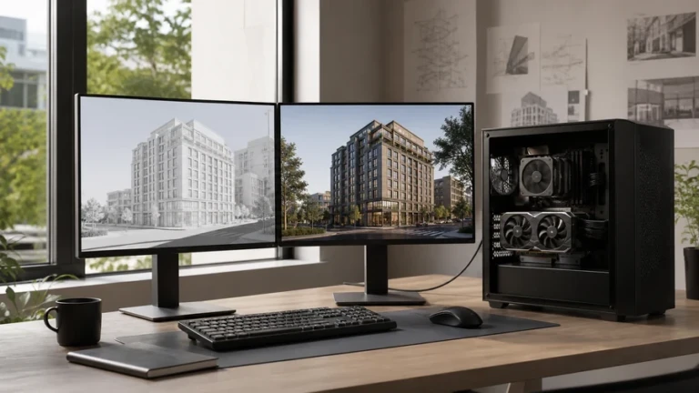 Daylight architectural visualization workstation showing the same urban project as a model and a finished real-time render