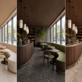 Same boutique restaurant shown in three coordinated material states for a D5 Interactive Presentation workflow