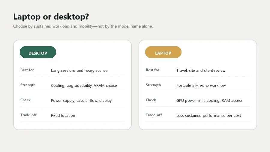 Comparison of desktop and laptop strengths, checks and trade-offs for D5 Render workloads