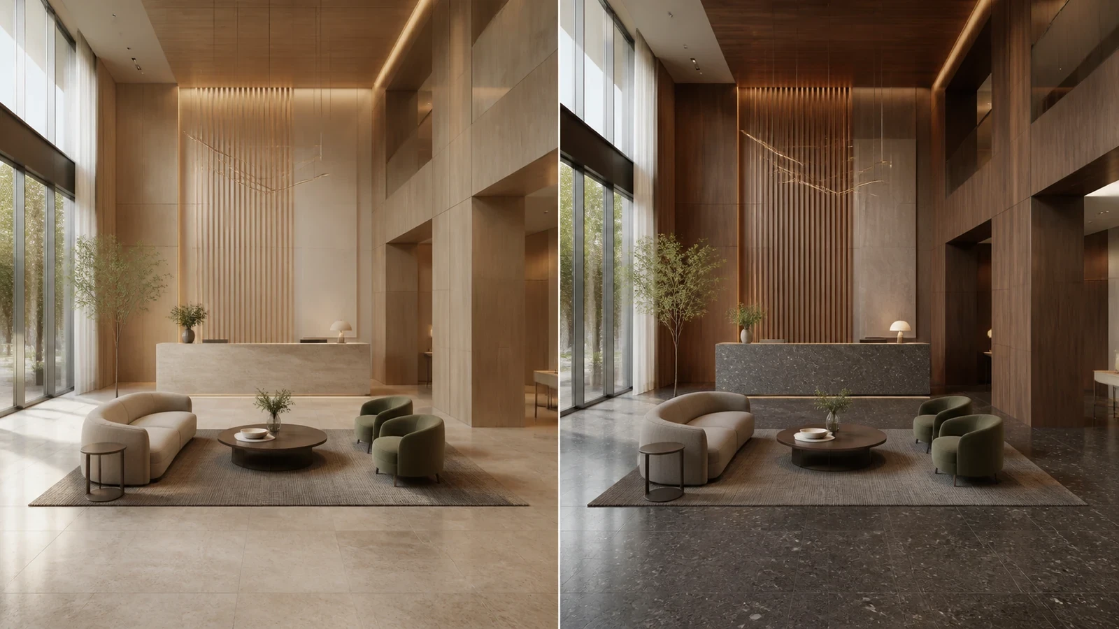 Same architectural lobby shown with warm limestone and dark terrazzo material states