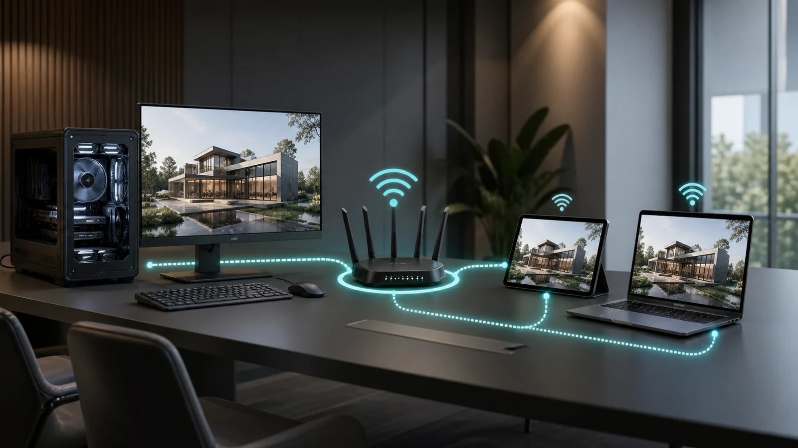 Rendering workstation streaming an architectural presentation to a tablet and laptop on the same local network