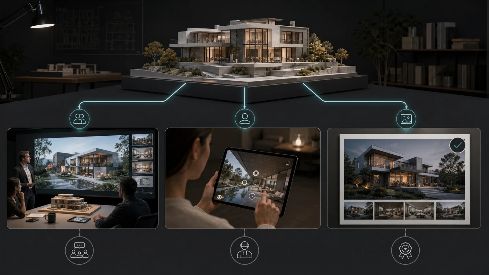 Architectural visualization workflow branching into guided presentation self-guided tour and fixed approval renders