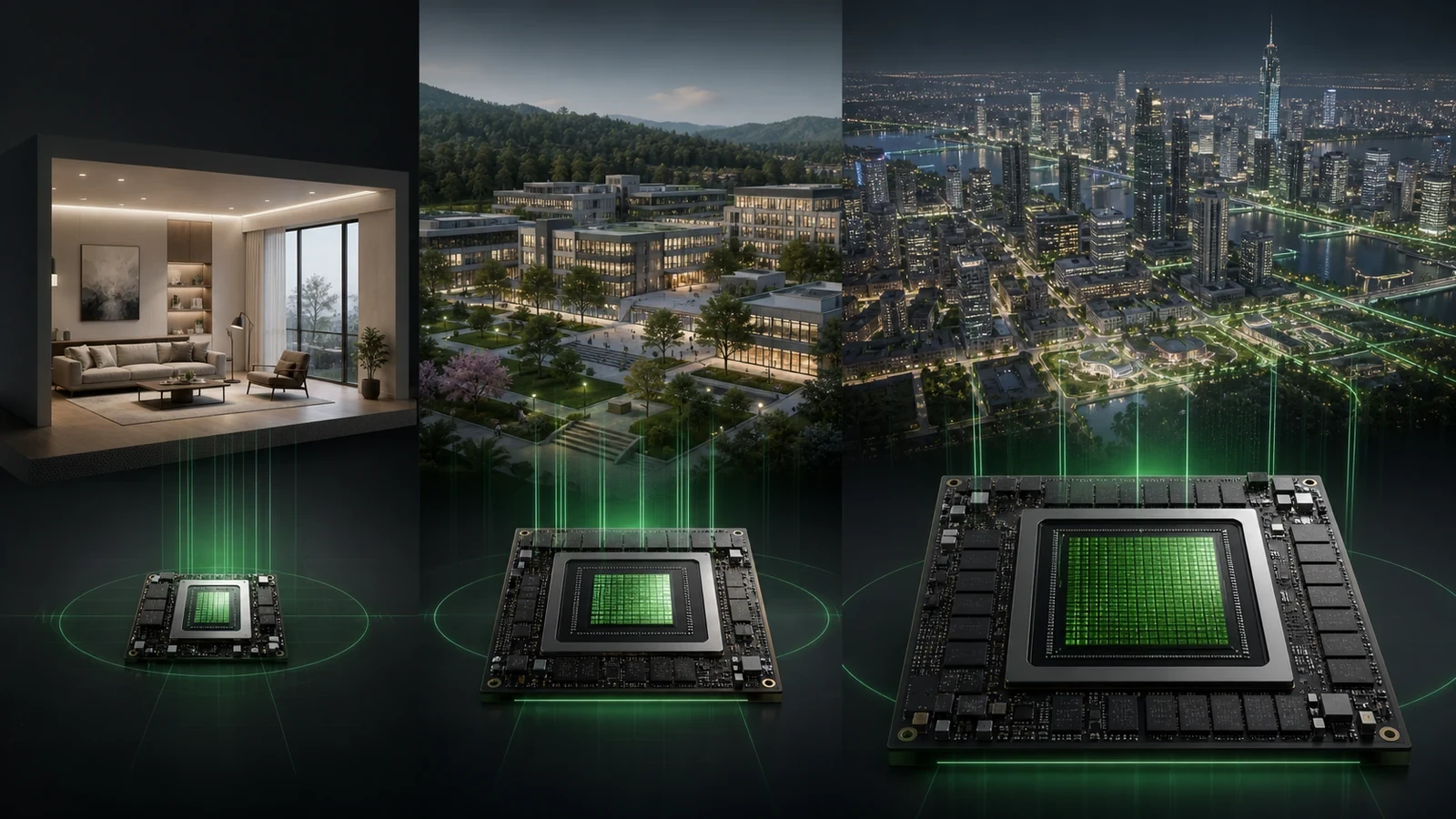 Three D5 Render workload tiers from a small interior to a campus and dense city scene