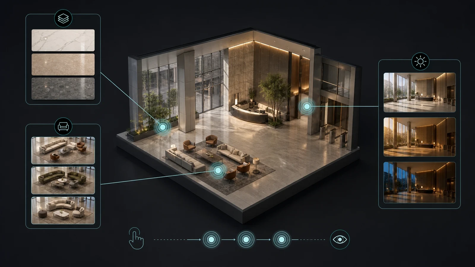 Conceptual diagram of spatial triggers controlling material furniture and lighting options