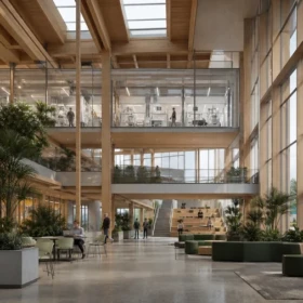 Detailed university science building atrium representing a heavy Enscape real-time rendering workload