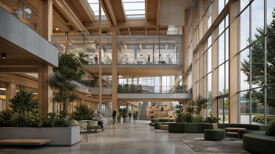 Detailed university science building atrium representing a heavy Enscape real-time rendering workload