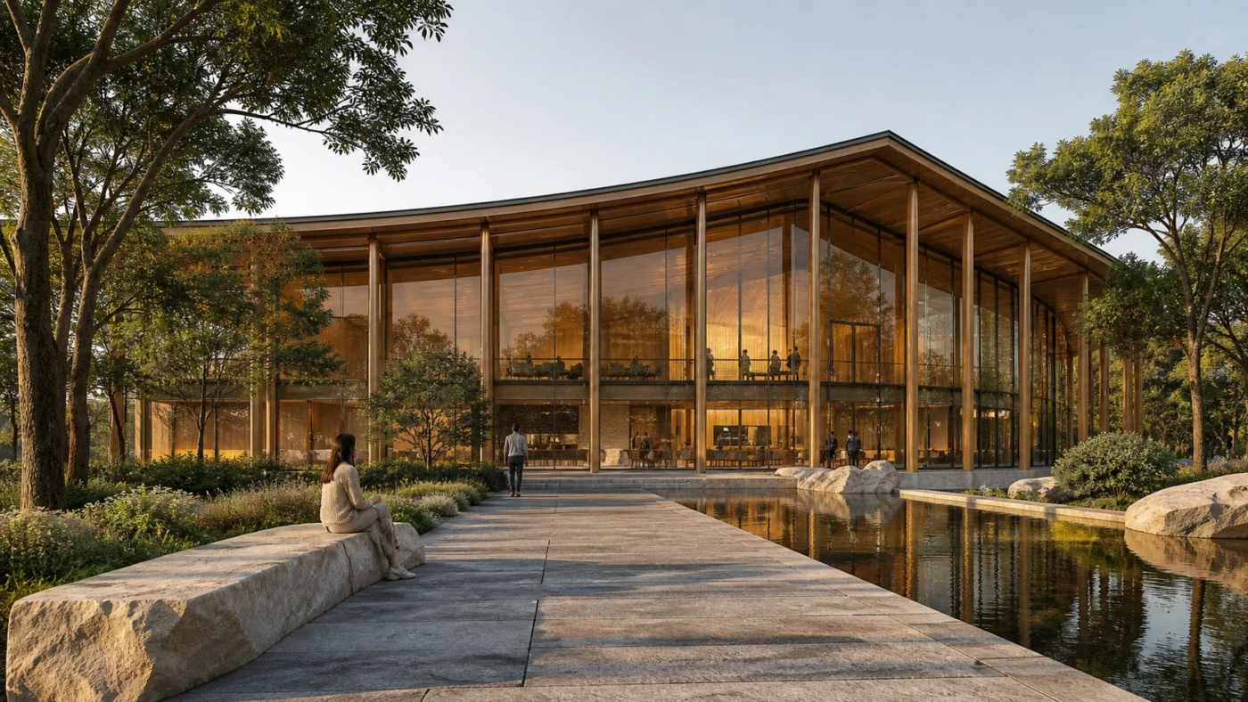 Timber and glass pavilion with realistic people, vegetation and stone surfaces