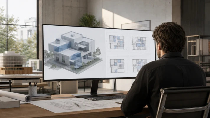 Architect comparing a building massing model with several AI-generated floor-plan options
