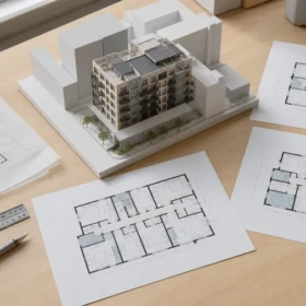 Urban infill site model surrounded by multiple architectural floor-plan options for a Forma Building Layout Explorer workflow