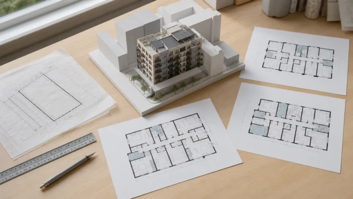 Urban infill site model surrounded by multiple architectural floor-plan options for a Forma Building Layout Explorer workflow