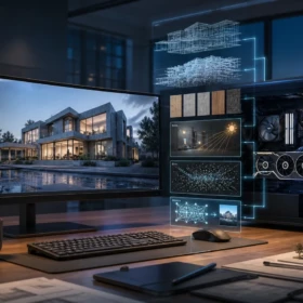 Architectural visualization workstation connecting a GPU to a detailed real-time building render