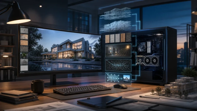 Architectural visualization workstation connecting a GPU to a detailed real-time building render