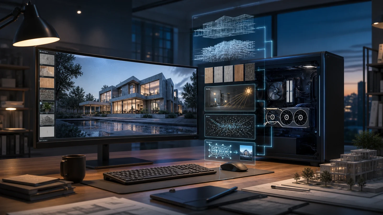 Architectural visualization workstation connecting a GPU to a detailed real-time building render