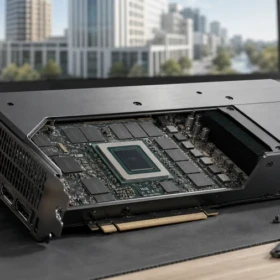 Professional graphics card with visible memory modules on a clean electronics workbench