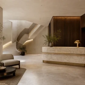 Photorealistic boutique hotel lobby used for the V-Ray 7 Update 3 real-time rendering tutorial