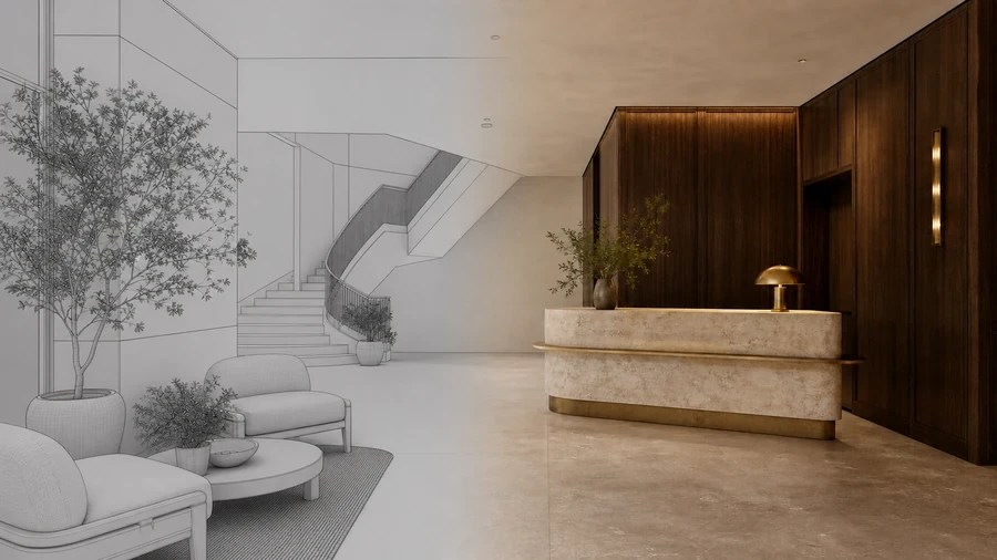 Conceptual transition from a grey SketchUp-style model to a photorealistic V-Ray boutique hotel lobby