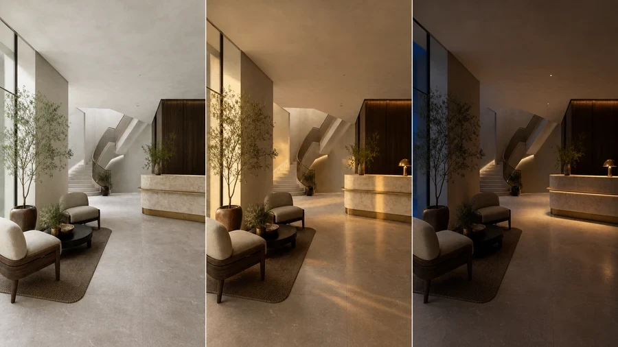 Same boutique hotel lobby shown in overcast day, golden dusk and evening lighting states