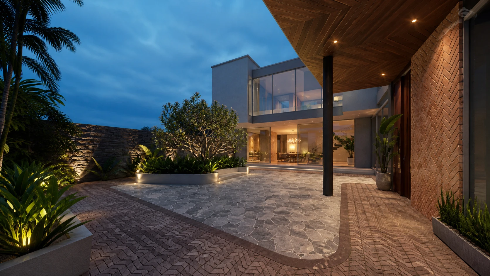 Contemporary courtyard showing custom brick, timber and stone patterns at blue hour