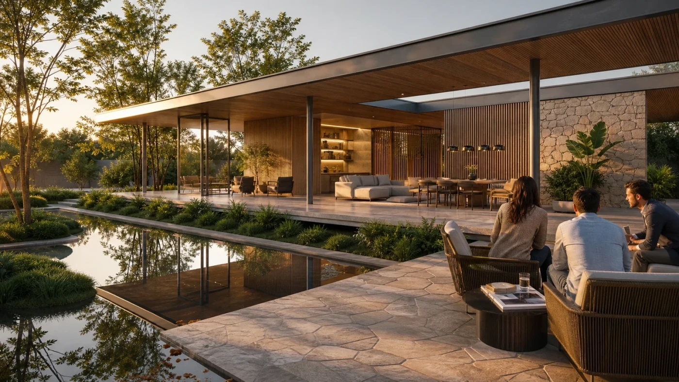Contemporary pavilion visualization representing a presentation-ready Lumion 2026.1 workflow