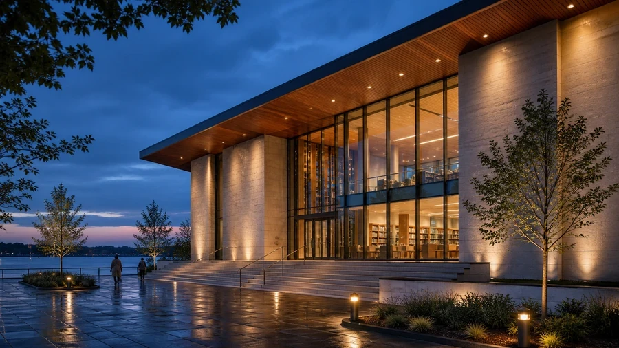 Closer blue-hour view of a civic library showing warm interior spill, canopy downlights, wall grazing and bollard lighting