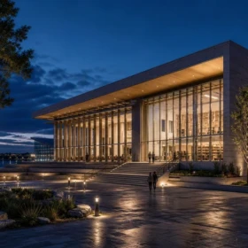 Waterfront civic library illuminated at blue hour as a reference for a Lumion 2026 exterior night lighting workflow