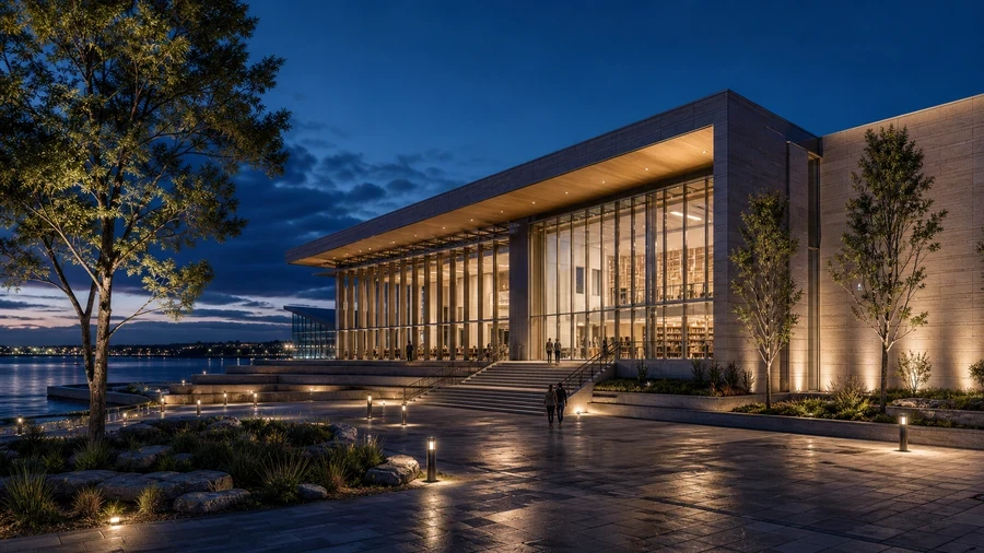 Waterfront civic library illuminated at blue hour as a reference for a Lumion 2026 exterior night lighting workflow