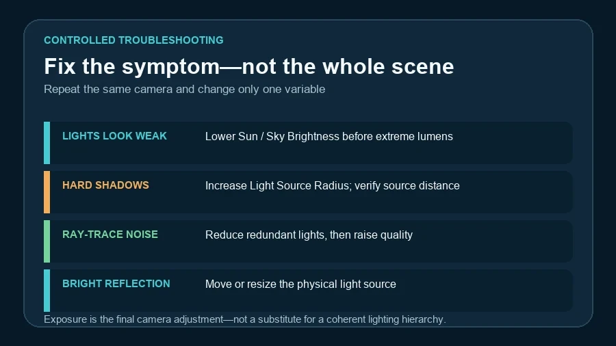 Lumion night render troubleshooting workflow for weak lights, hard shadows, ray-trace noise and bright reflections