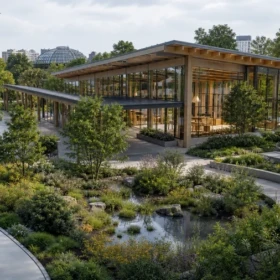 Public botanical conservatory and urban garden illustrating a presentation-ready Lumion 2026.1 landscape workflow