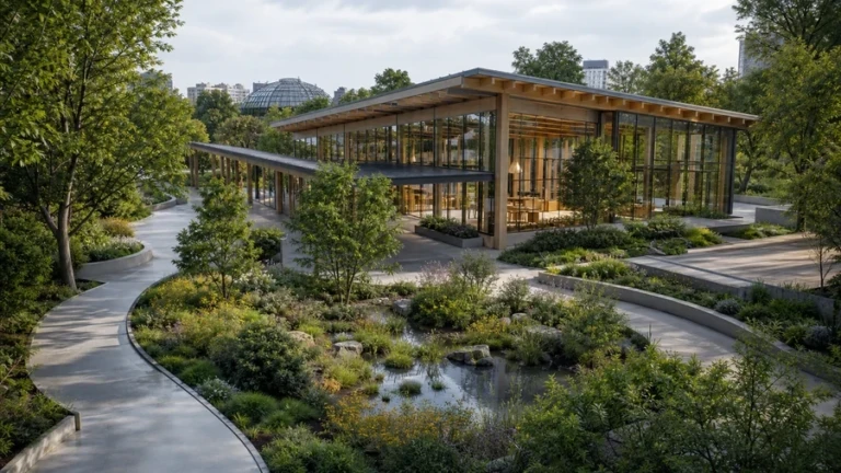 Public botanical conservatory and urban garden illustrating a presentation-ready Lumion 2026.1 landscape workflow