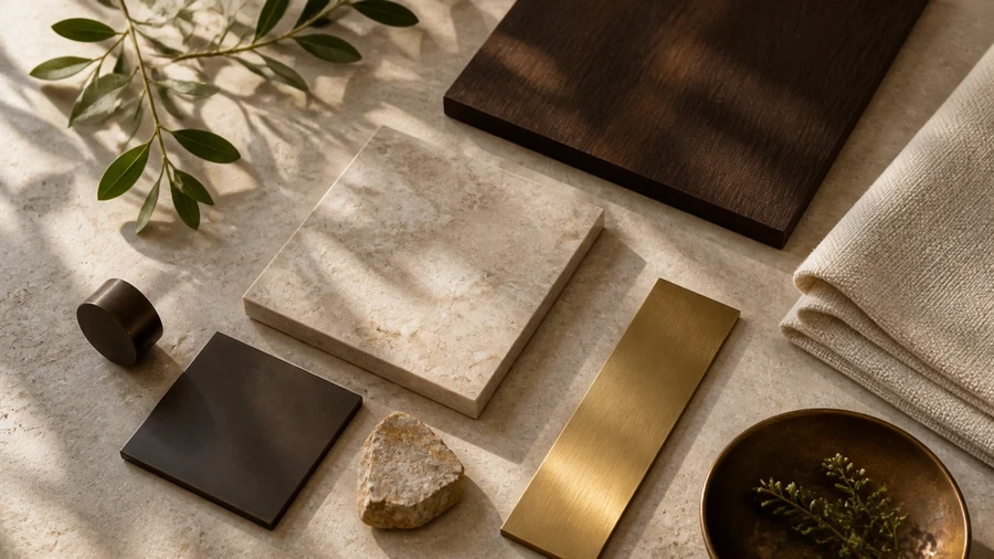 Material board with warm limestone, smoked oak, brushed brass, linen, bronze and foliage for the tutorial scene