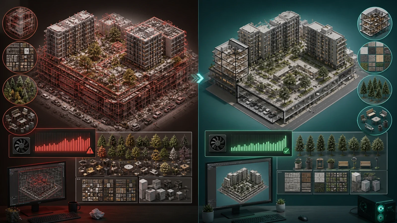 Before and after comparison of an architectural scene optimized to reduce GPU memory use