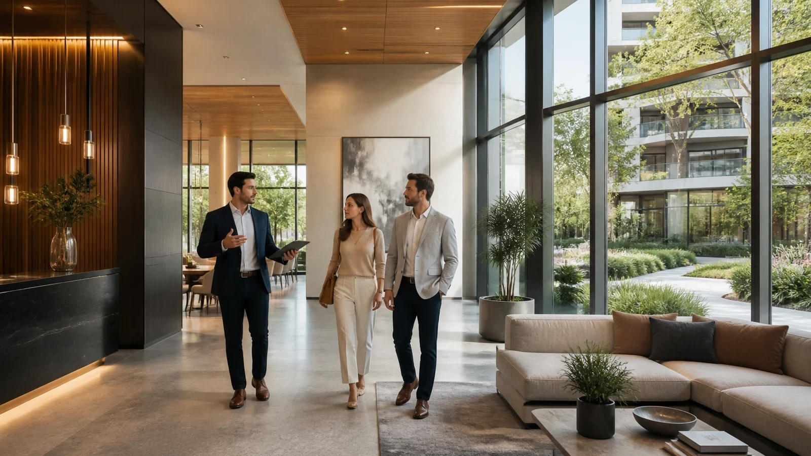 Architect guiding clients through a contemporary lobby from a natural eye-level viewpoint