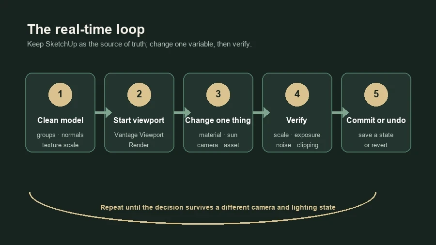 Five-stage V-Ray real-time iteration loop from model cleanup to final decision