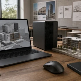 Professional laptop, compact workstation and detailed urban architecture model representing SketchUp 2026 hardware planning