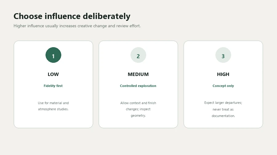 Low, medium and high AI influence levels compared by geometry fidelity and creative change