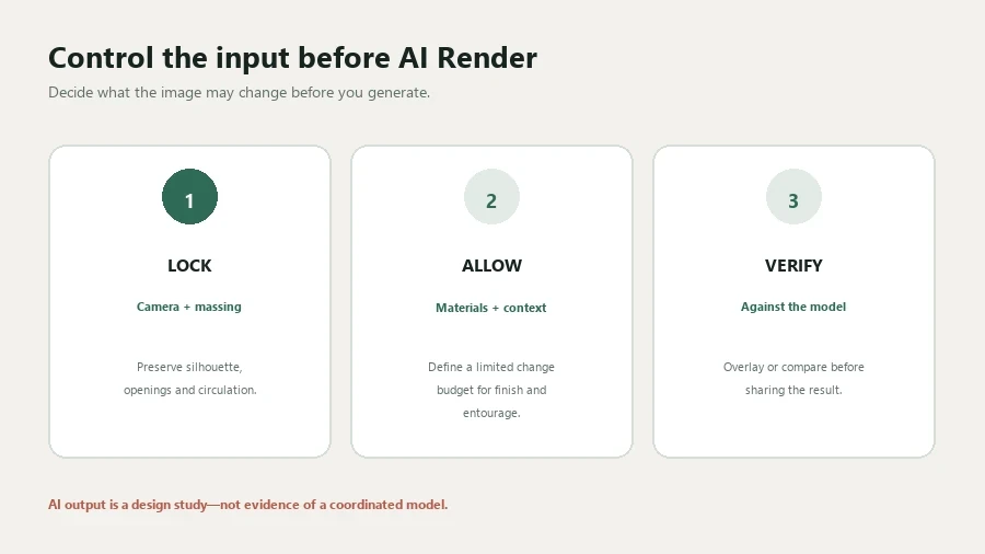 Diagram showing which camera and geometry elements to lock, which materials and context to allow, and what to verify after AI Render