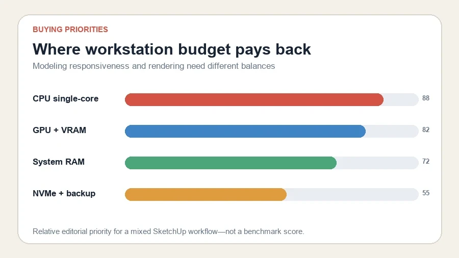 Relative SketchUp workstation budget priorities for CPU, GPU and VRAM, system RAM and NVMe storage